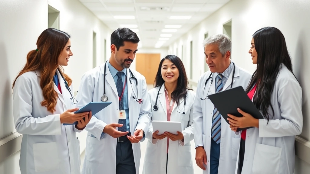 Diverse group of healthcare professionals in white coats collaborating in contemporary orthopedic hospital corridor, holding tablets and discussing patient care plans
