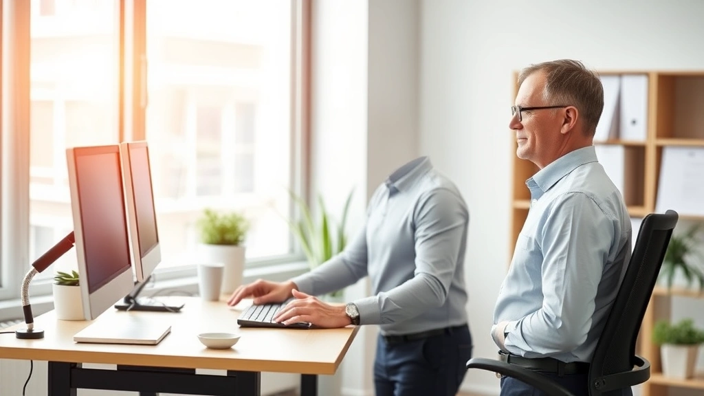 Mature professional working at ergonomic standing desk in modern office, demonstrating proper posture and workstation setup, natural window light, serene expression