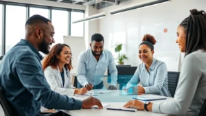 Professional diverse team in modern office collaborating on healthcare technology project, natural lighting, contemporary workspace with computers and whiteboards