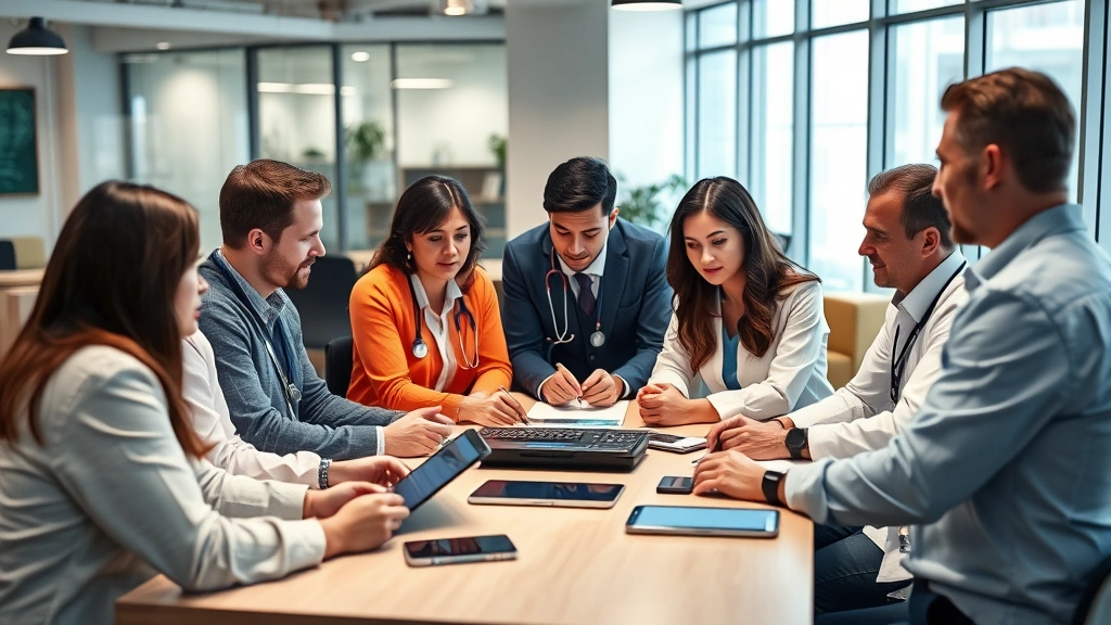 Group of healthcare professionals and engineers in casual meeting, diverse backgrounds, discussing healthcare solutions around table with digital devices, modern office environment