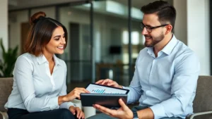 Professional financial advisor meeting with client in modern office, reviewing investment portfolio on tablet, natural lighting, confident expressions, wealth management setting