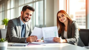 Professional financial advisor meeting with young couple at desk reviewing investment portfolio documents, modern office setting, natural sunlight, both smiling confidently