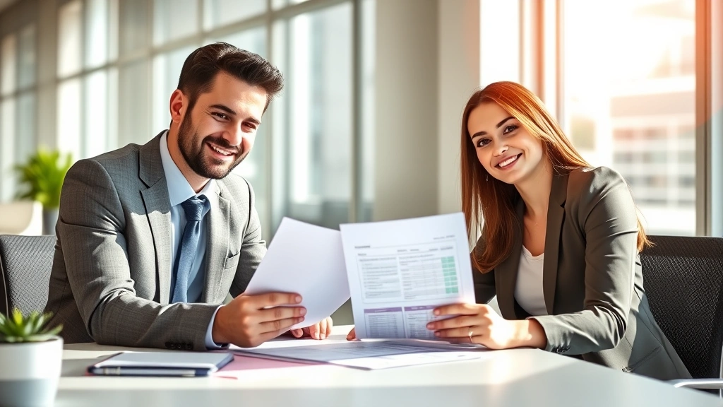 Professional financial advisor meeting with young couple at desk reviewing investment portfolio documents, modern office setting, natural sunlight, both smiling confidently