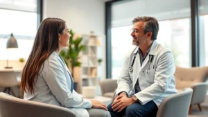 Professional healthcare provider in white coat consulting with patient in modern medical office with warm lighting and comfortable seating, conveying trust and accessibility