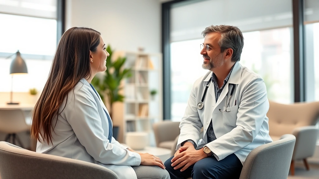 Professional healthcare provider in white coat consulting with patient in modern medical office with warm lighting and comfortable seating, conveying trust and accessibility