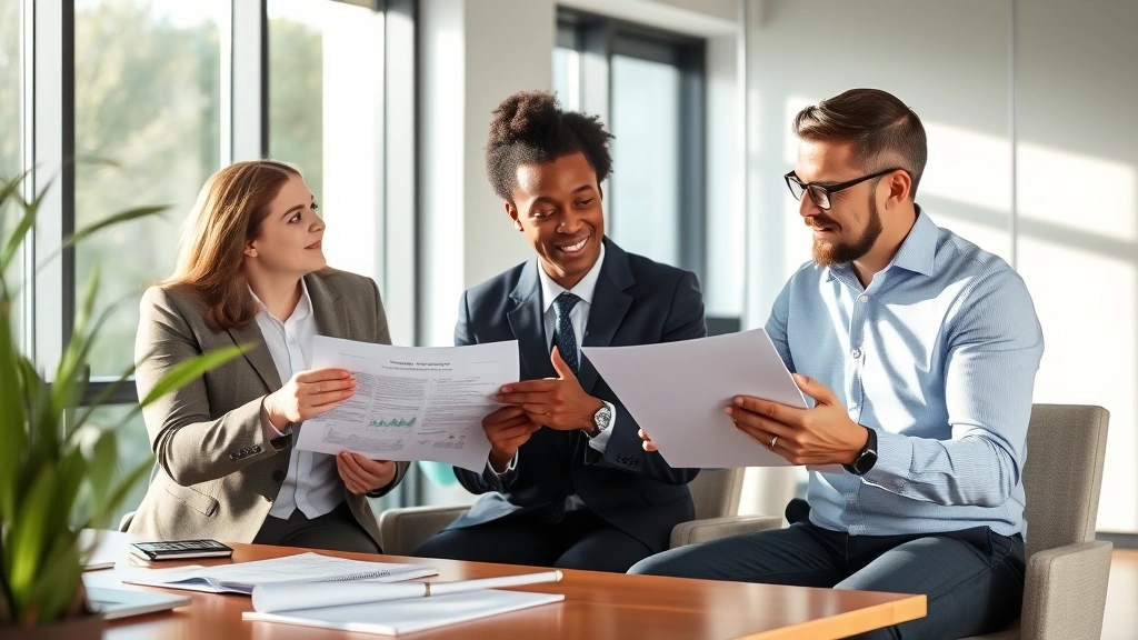 Professional financial advisor meeting with diverse client reviewing investment portfolio and wealth plan documents in modern office setting with natural light