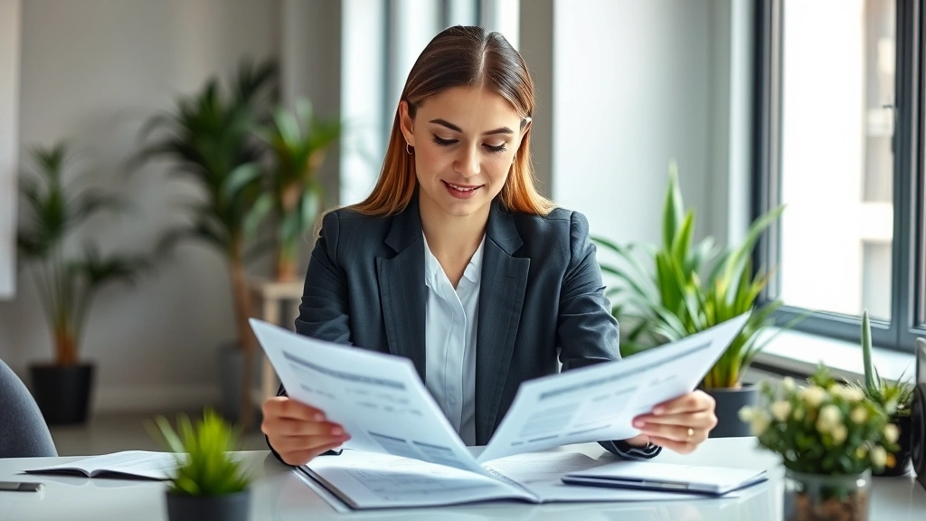 Professional woman in business attire reviewing financial documents at a modern desk with plants and natural lighting, confident expression, professional workspace environment