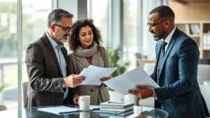 Professional financial advisor meeting with diverse client couple reviewing investment portfolio documents and wealth building strategies in modern office setting with natural lighting