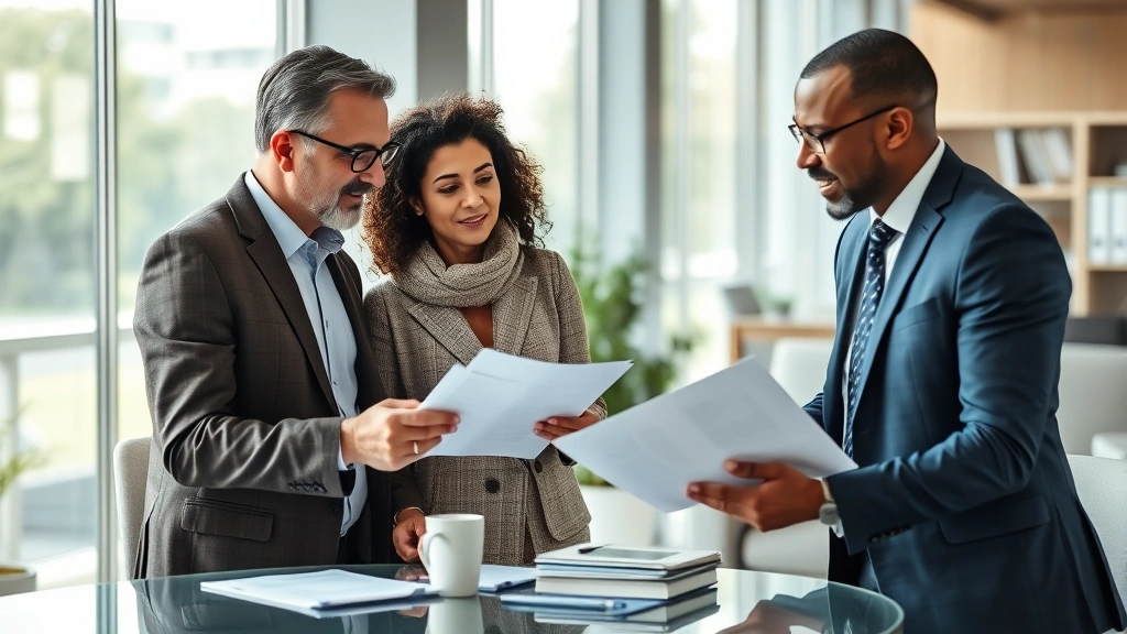 Professional financial advisor meeting with diverse client couple reviewing investment portfolio documents and wealth building strategies in modern office setting with natural lighting