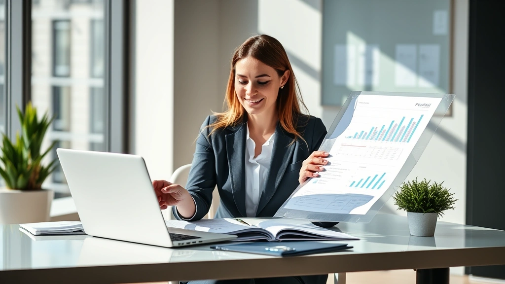 Professional woman in business attire reviewing financial documents and charts at modern desk with laptop, natural sunlight, confident expression, wealth management concept