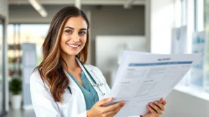 Professional woman in modern healthcare setting reviewing wellness charts with confident expression, natural lighting, contemporary office environment emphasizing preventive medicine and health monitoring