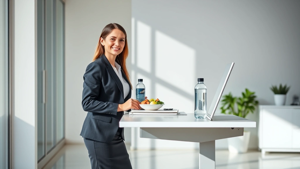 Professional woman in business attire at a modern standing desk with a water bottle and healthy meal, bright natural lighting, confident posture, clean minimalist office environment