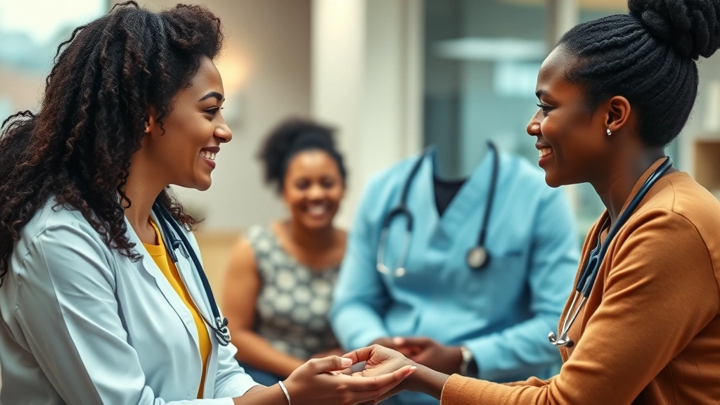 Professional healthcare provider consulting with diverse patient in modern community health clinic, warm lighting, caring interaction, stethoscope and medical equipment visible