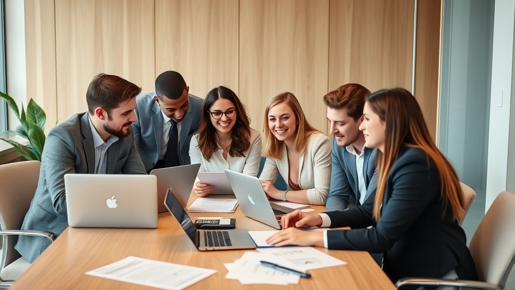 Diverse group of young professionals discussing financial goals around conference table with laptops and financial documents, collaborative wealth planning environment