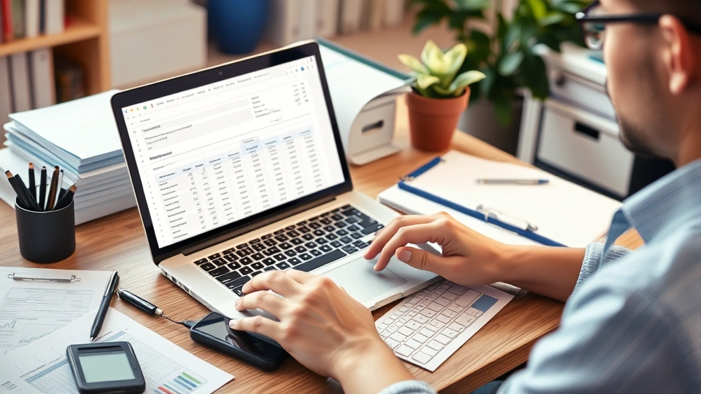 Person reviewing budget spreadsheet on laptop at home office desk surrounded by financial planning materials and calculator, organized workspace, warm lighting, focused expression