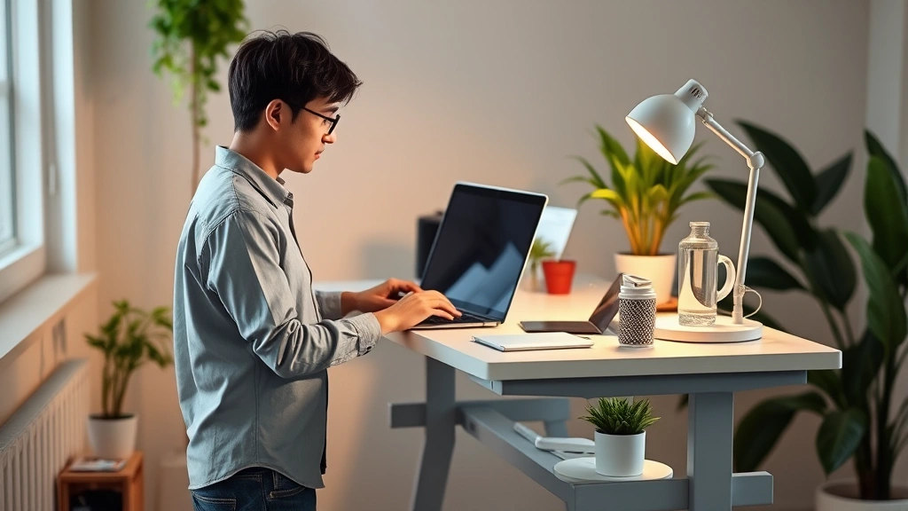 Young professional working at standing desk with healthy workspace setup including plants, water, and wellness items, symbolizing work-life balance and productivity