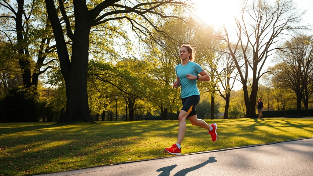 Fit person jogging outdoors on a sunny morning through a park with trees, athletic wear, energetic movement, natural landscape background, health and vitality