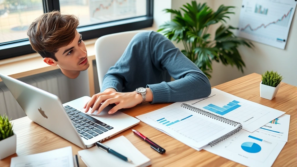 Young professional at desk with laptop and notebook, reviewing investment charts and financial planning documents, representing wealth building and financial growth journey
