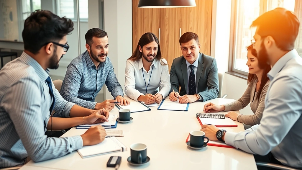 Diverse group of professionals in business casual clothing discussing investment strategy around conference table with notebooks and coffee, collaborative wealth planning atmosphere