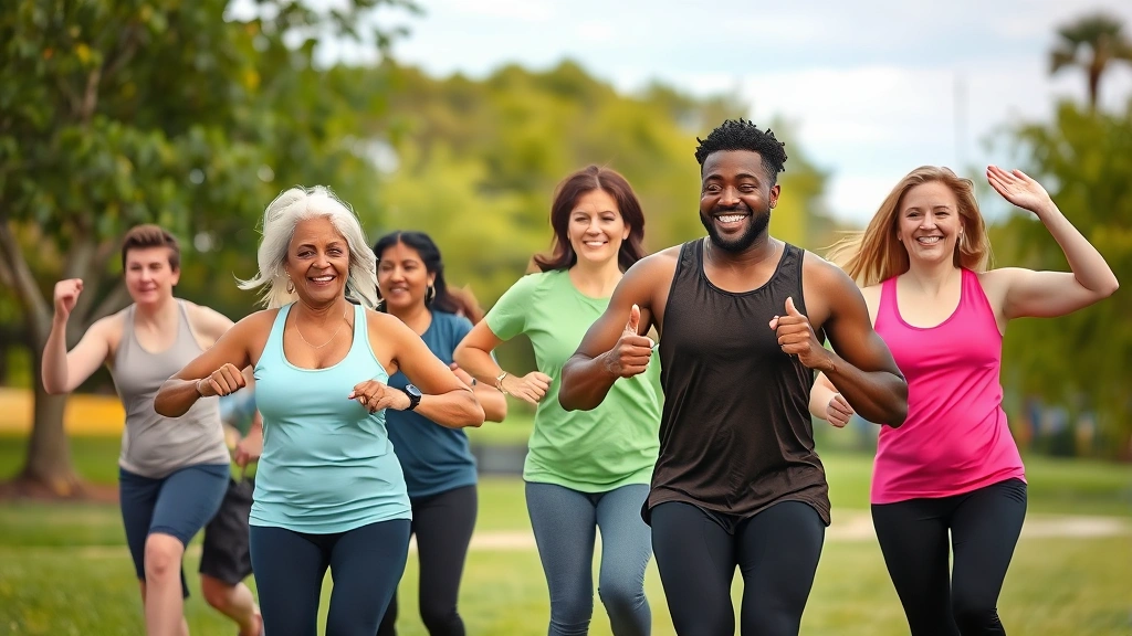Diverse community members exercising outdoors in park, enjoying physical activity together with genuine smiles, vibrant natural setting showing group fitness benefits and wellness culture