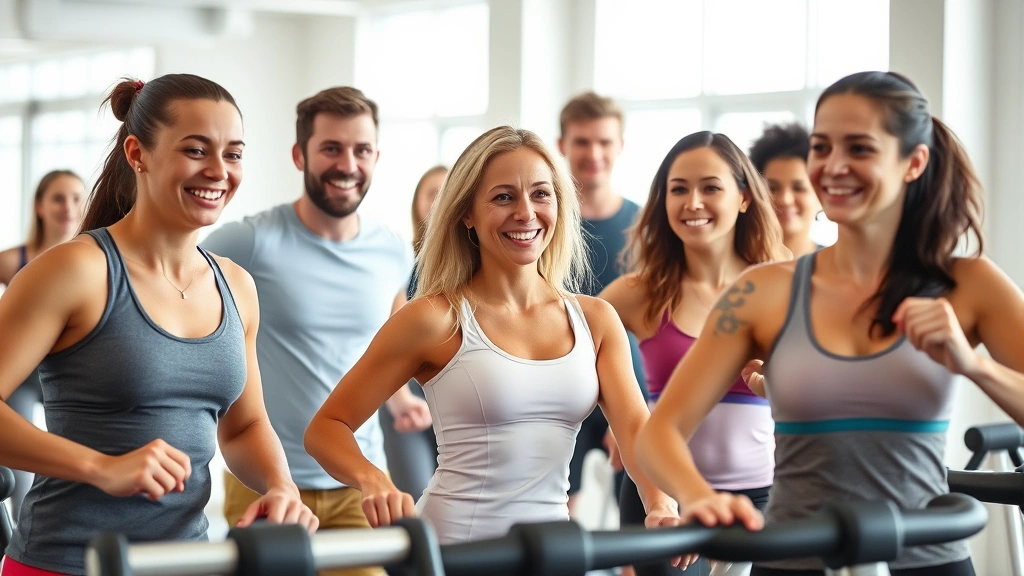 Diverse group of people exercising together in a bright fitness studio, smiling and energetic, modern equipment visible, natural window lighting, representing vitality and wellness