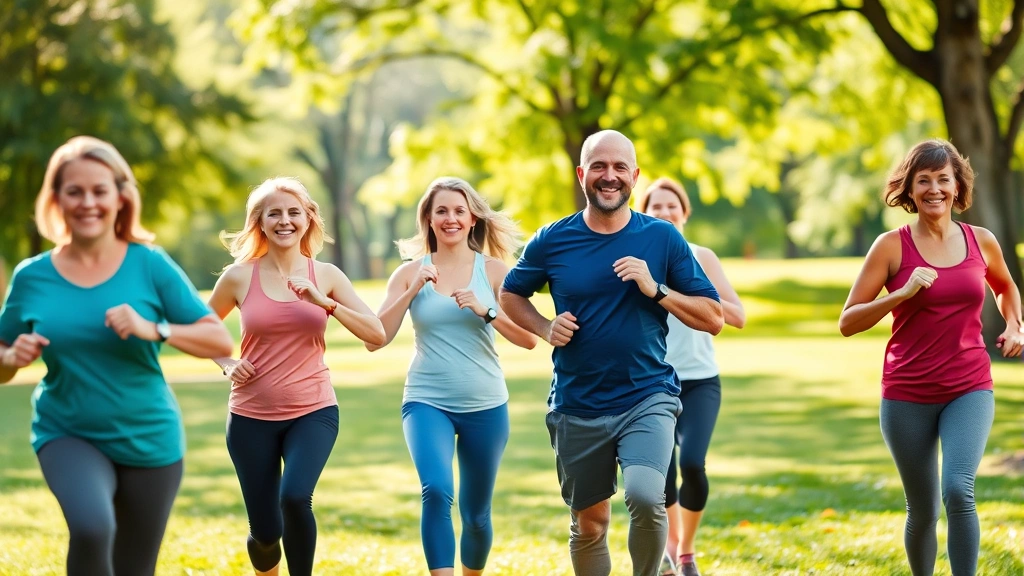 Diverse group of community members exercising together outdoors in park, smiling, energetic, wellness-focused, natural daylight, trees and grass background