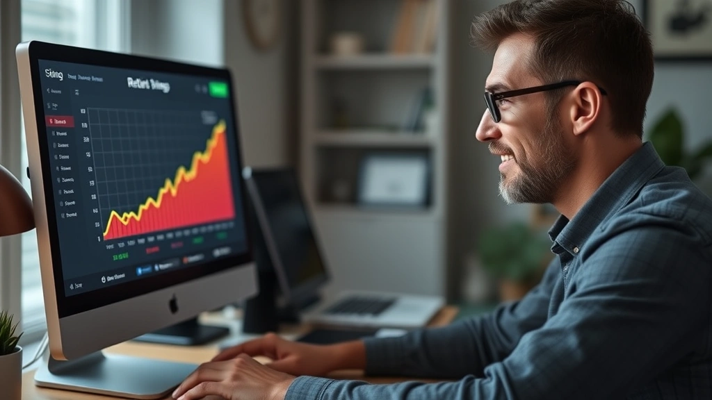 Person reviewing retirement savings account on computer screen with growth chart visible, home office setting, focused and optimistic expression, financial success visualization