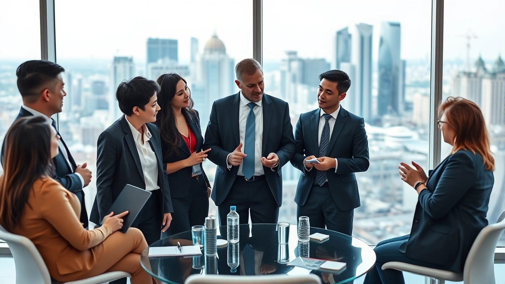 Diverse group of professionals in business attire discussing financial growth and investment strategy in modern conference room with large windows and city skyline background