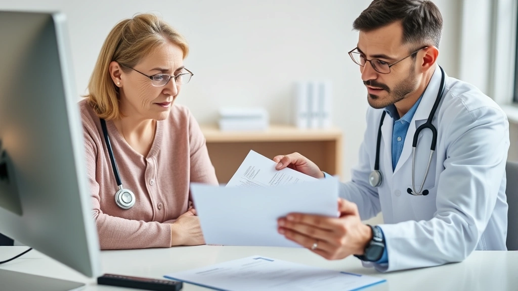 Patient reviewing medical documents with healthcare provider at desk with computer and stethoscope visible, showing collaborative care planning and patient engagement