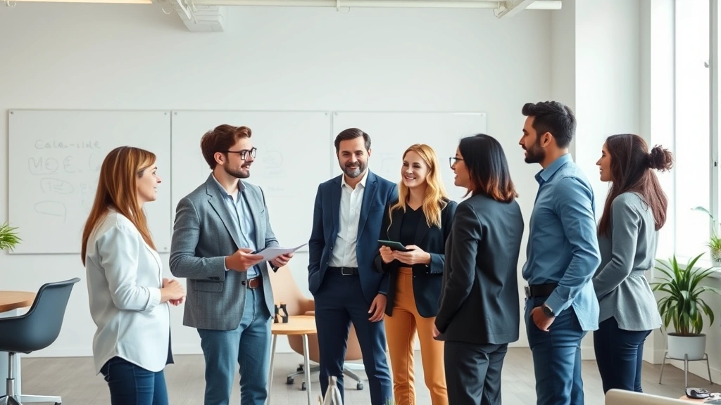 Diverse group of professionals in business casual clothing having a collaborative discussion in a bright office setting with whiteboards and modern furniture, teamwork