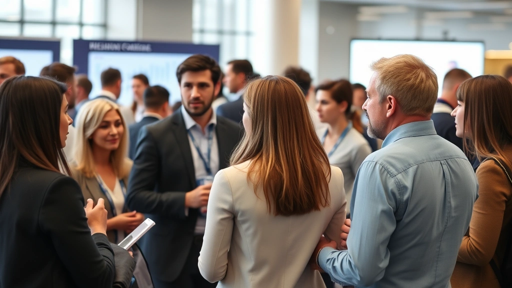 Diverse group of professionals in business casual attire networking at financial conference, discussing investment opportunities and wealth creation strategies with confidence