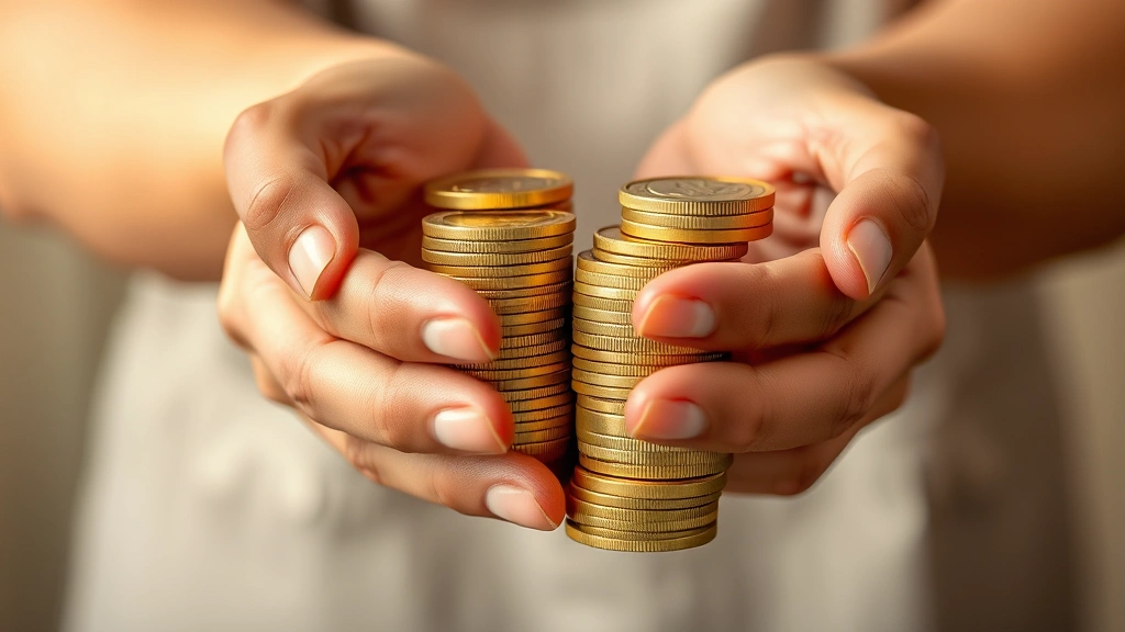 Close-up of hands holding gold coins and stacking them, representing wealth accumulation and financial growth, neutral background with warm lighting