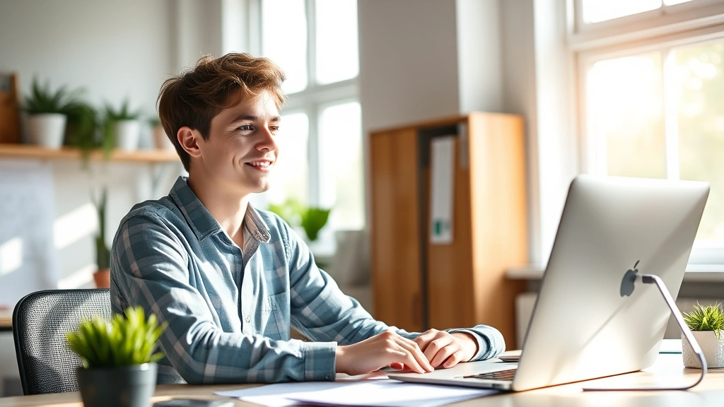 Young professional at desk with visible energy and focus, productive workspace environment, natural light streaming through windows illustrating mental clarity and work performance benefits from good health