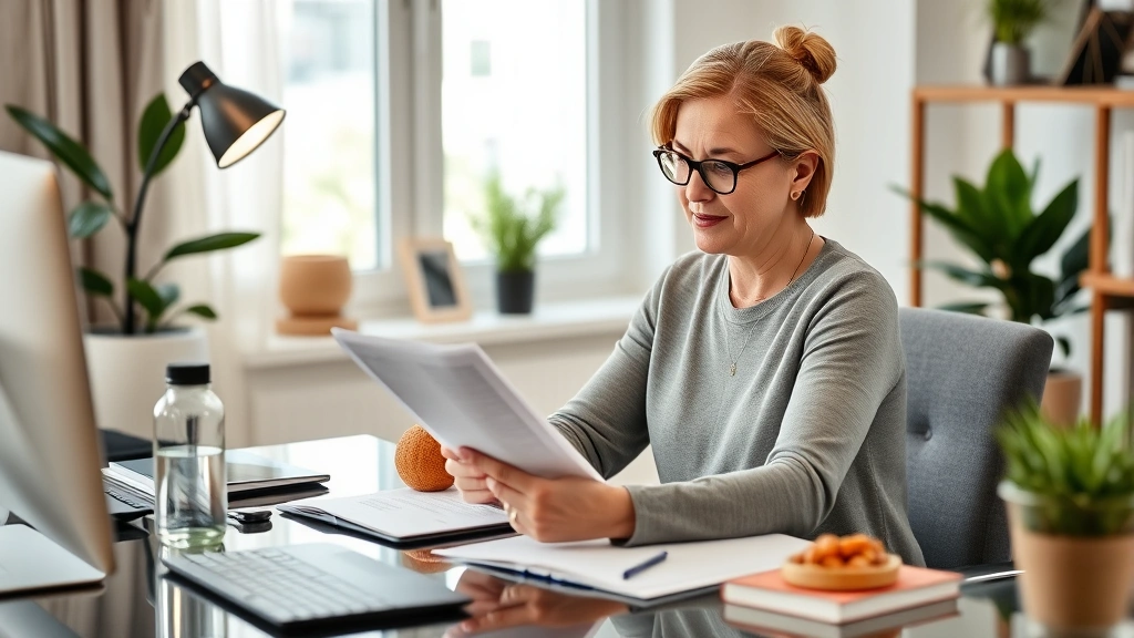Successful middle-aged professional reviewing financial documents at home office desk with wellness items visible: water bottle, plant, healthy snack, peaceful organized space reflecting wealth and health balance