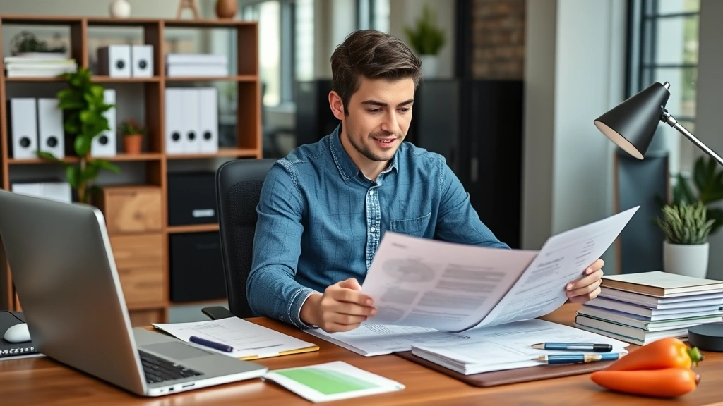 Young professional at desk reviewing financial documents and wellness plan, organized workspace, healthy lifestyle items visible, focused expression, modern office setting