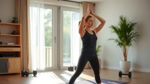 Professional healthcare worker in athletic wear performing morning stretching routine in sunlit home gym with dumbbells and yoga mat visible, conveying wellness commitment and healthy lifestyle