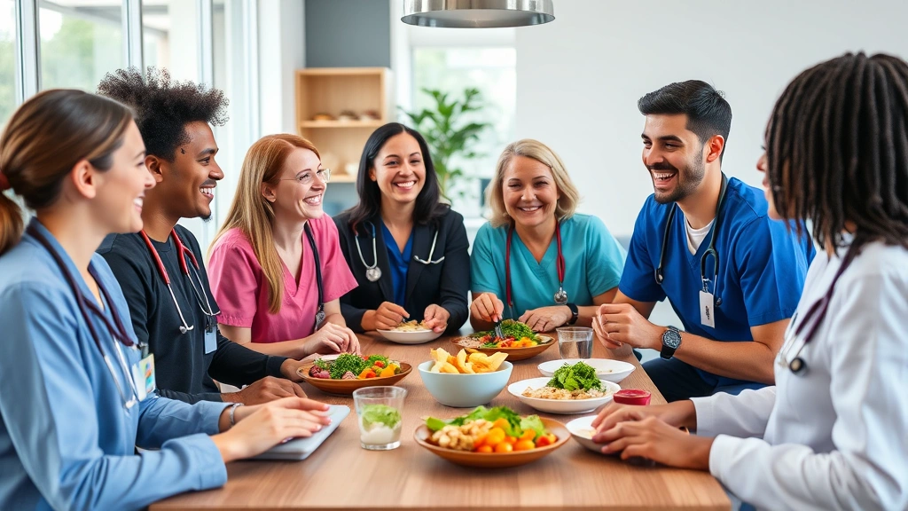Diverse group of healthcare professionals enjoying healthy meal together in modern break room, smiling and engaging in conversation, representing work-life balance and social wellness connection