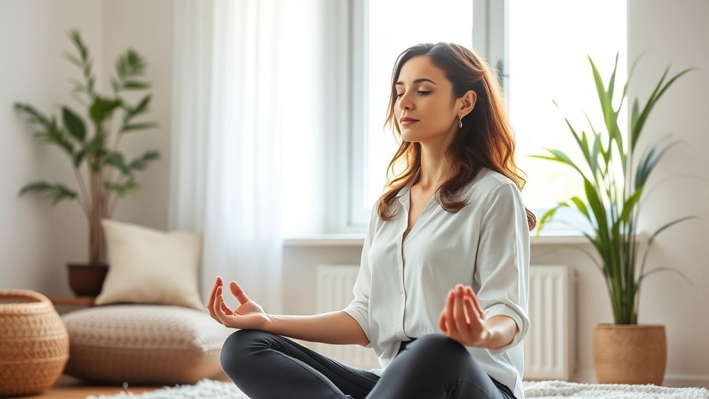 Peaceful female professional meditating in comfortable home setting with natural window light, demonstrating mindfulness and mental health wellness practices for stress reduction