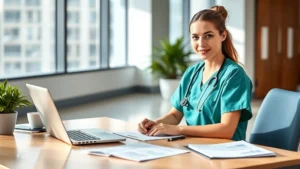 Professional healthcare worker in medical scrubs at modern hospital financial planning desk with laptop and financial documents, natural daylight, confident expression, modern office setting