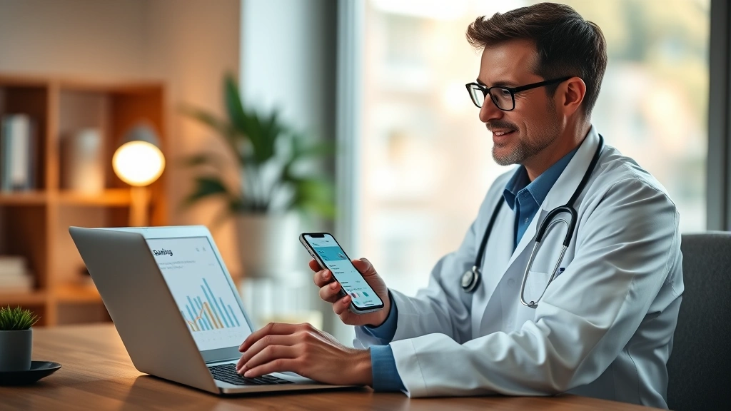 Healthcare professional using smartphone mobile banking app with laptop showing savings goals and financial charts, modern home office environment, natural warm lighting