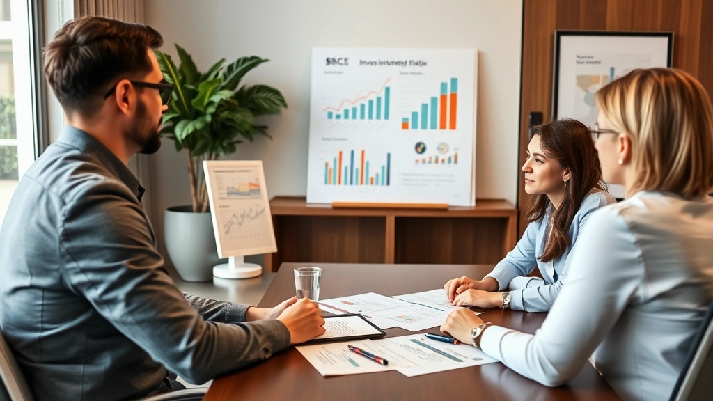 Professional financial advisor presenting diversified investment portfolio strategy to attentive clients in modern office with charts and financial documents visible