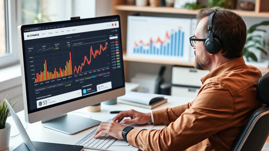 Confident investor reviewing balanced portfolio allocation across stocks, bonds, real estate on computer screen in home office environment