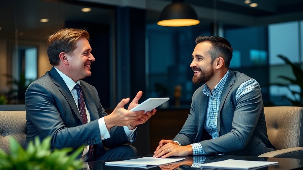 Experienced wealth manager discussing long-term investment strategy with satisfied client in professional financial services office setting