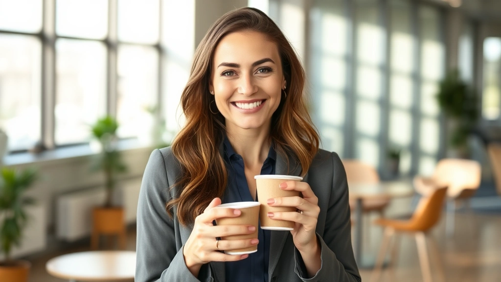 Professional woman smiling in modern office break room holding coffee, warm natural lighting from windows, contemporary furniture visible in background, appears confident and content
