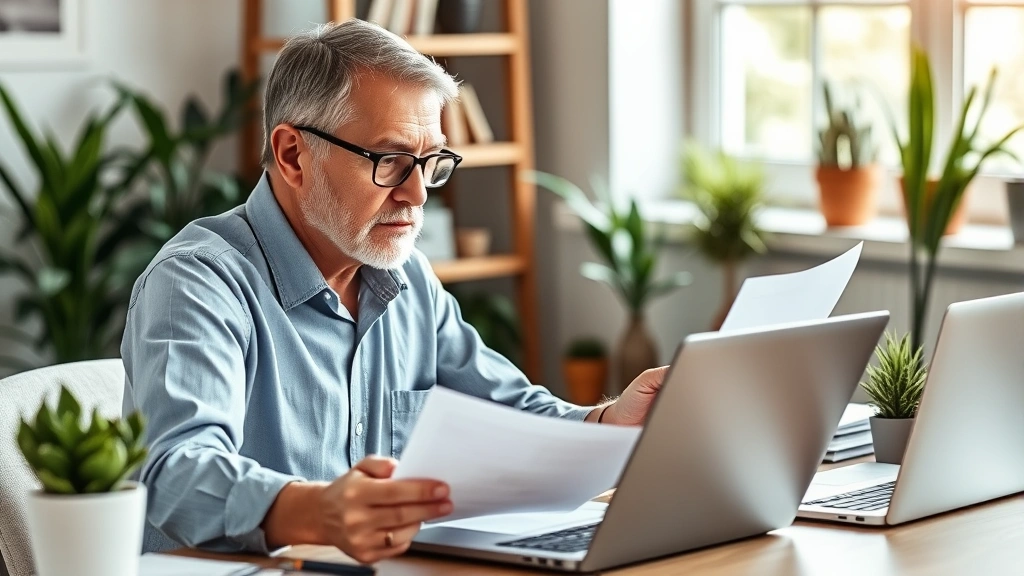 Mature professional reviewing documents at desk with laptop, organized workspace with plants, natural window lighting, thoughtful expression suggesting financial planning and decision-making