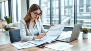 Professional woman reviewing financial documents and investment portfolio at modern office desk with laptop and financial charts