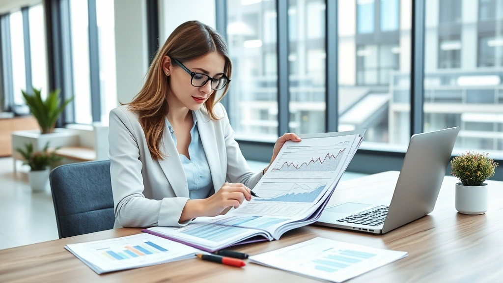 Professional woman reviewing financial documents and investment portfolio at modern office desk with laptop and financial charts