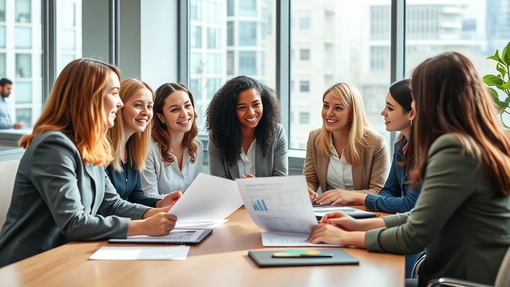 Diverse group of women colleagues discussing business strategy and financial planning in contemporary corporate meeting room with natural light