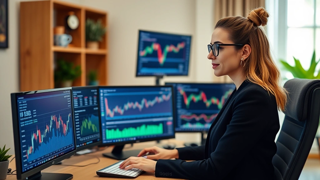 Confident woman investor analyzing investment performance on multiple screens showing growth charts and market data in home office
