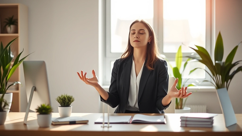 Professional woman meditating at her desk during work break, surrounded by natural light from office windows, peaceful expression, modern minimalist workspace with plants, representing stress management and mental clarity for productivity